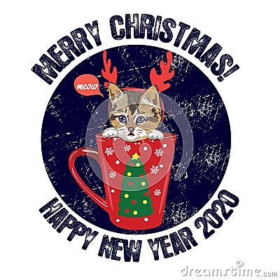 Christmas stickers cute kitten in a mug. Vector Illustration